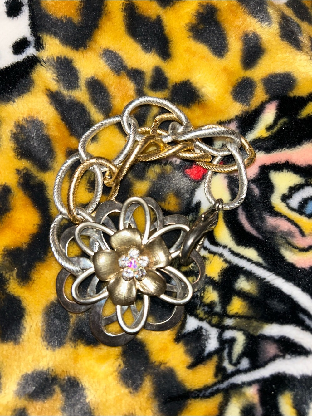 Gold-Tone Flower Statement Bracelet with Crystal Center